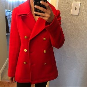 J. Crew Red Peacoat with gold buttons